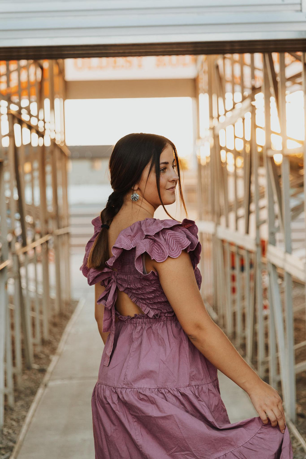 Cotton Poplin Ruffle Slv Smocked Bodice Midi Dress - Grape Nectar