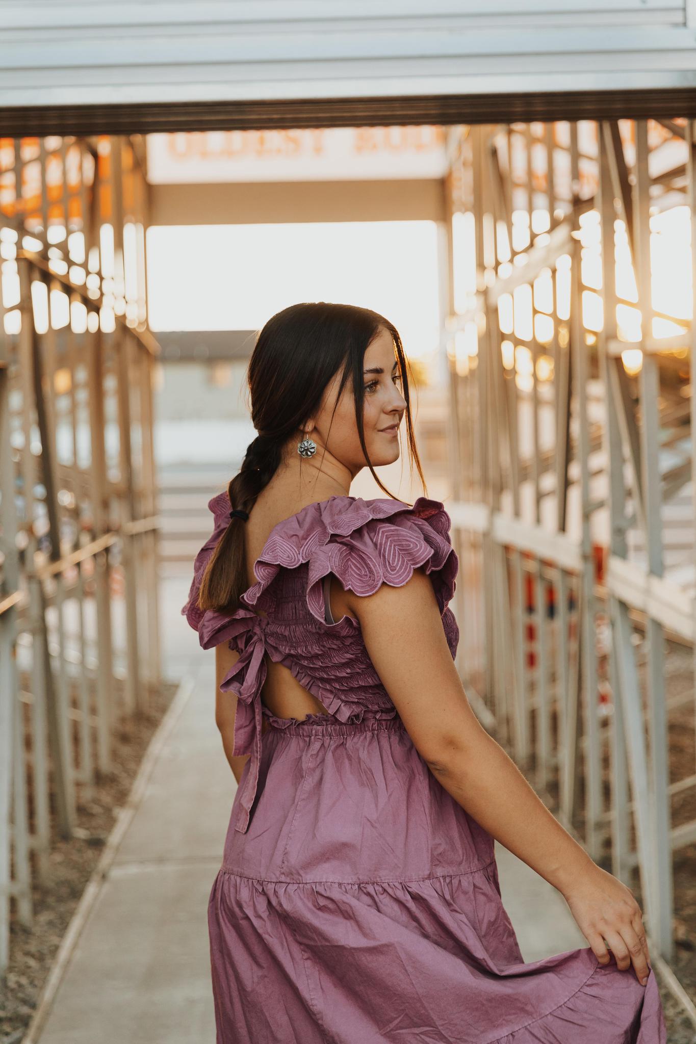 Cotton Poplin Ruffle Slv Smocked Bodice Midi Dress - Grape Nectar