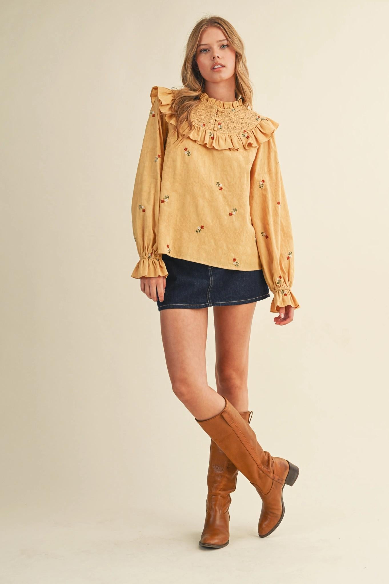 Ruffled Smocked Yoke Embroidered Blouse