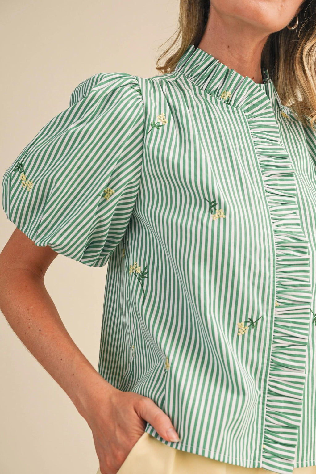 Floral Embroidery Striped Ruffled Button Down Top - Green Stripe