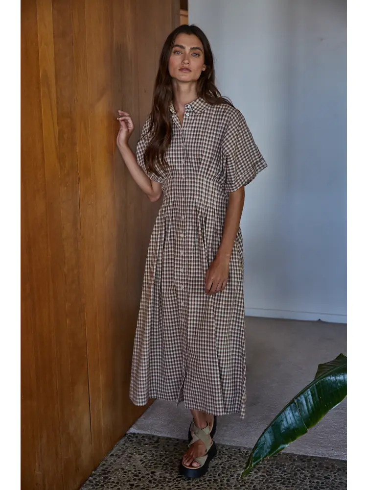 Woven Cotton Gingham Print Button Down Flare Maxi