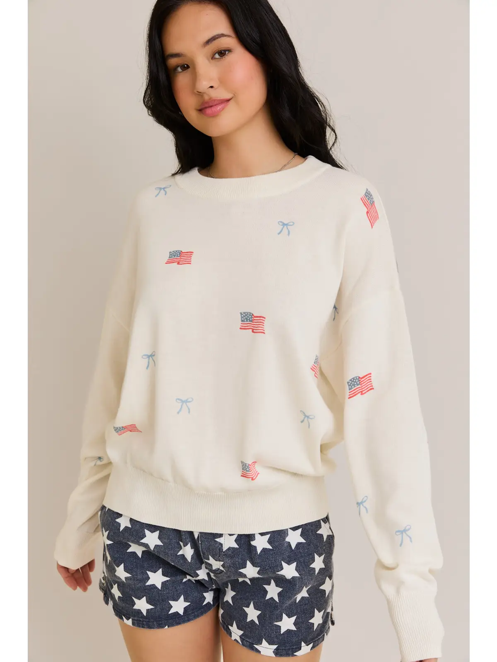 "USA Flag with Bow" Print Long Sleeve Crew Neck Sweater