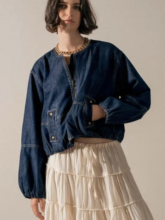 Chic Utility Zip-Up Denim Bomber Jacket