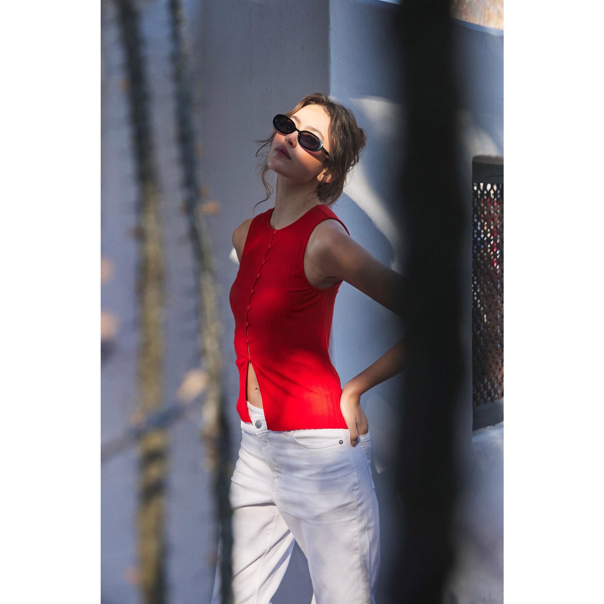 Ribbed Knit Button-Down Sleeveless Top