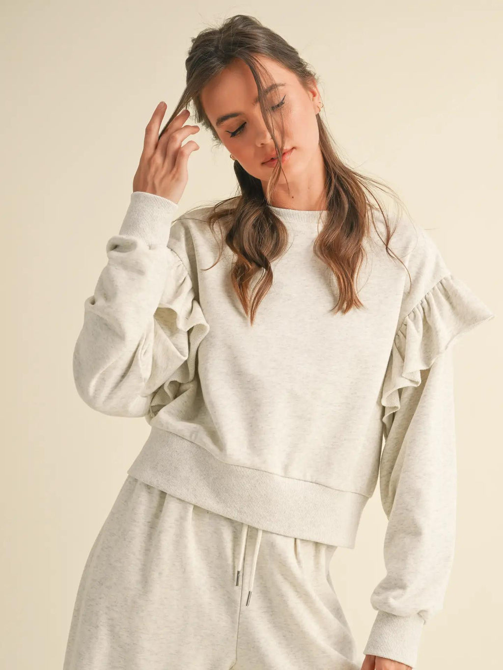 Ruffled Detail Sweatshirts - Heathered Grey