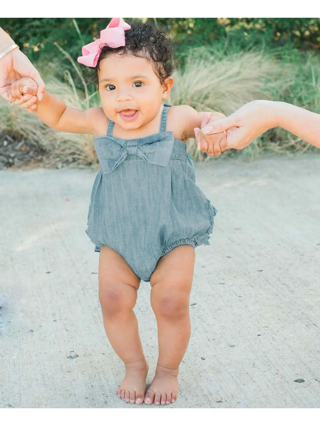 Baby Girls Light Wash Denim Bow Front Bubble Woven Romper
