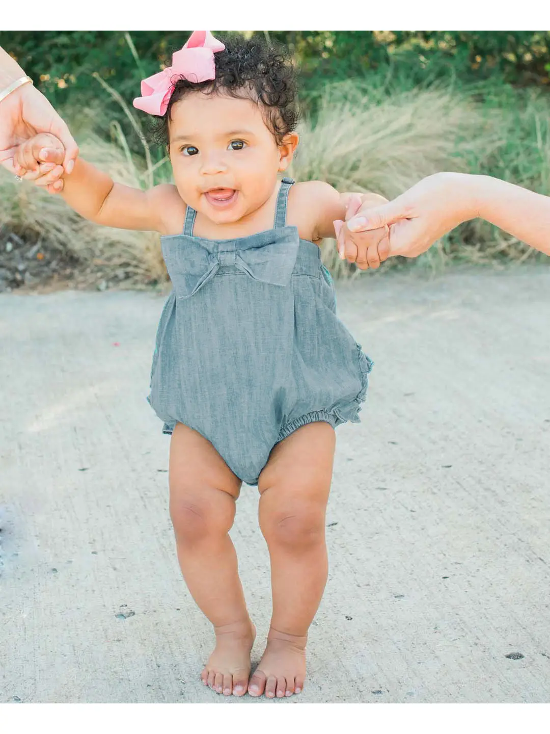 Baby Girls Light Wash Denim Bow Front Bubble Woven Romper
