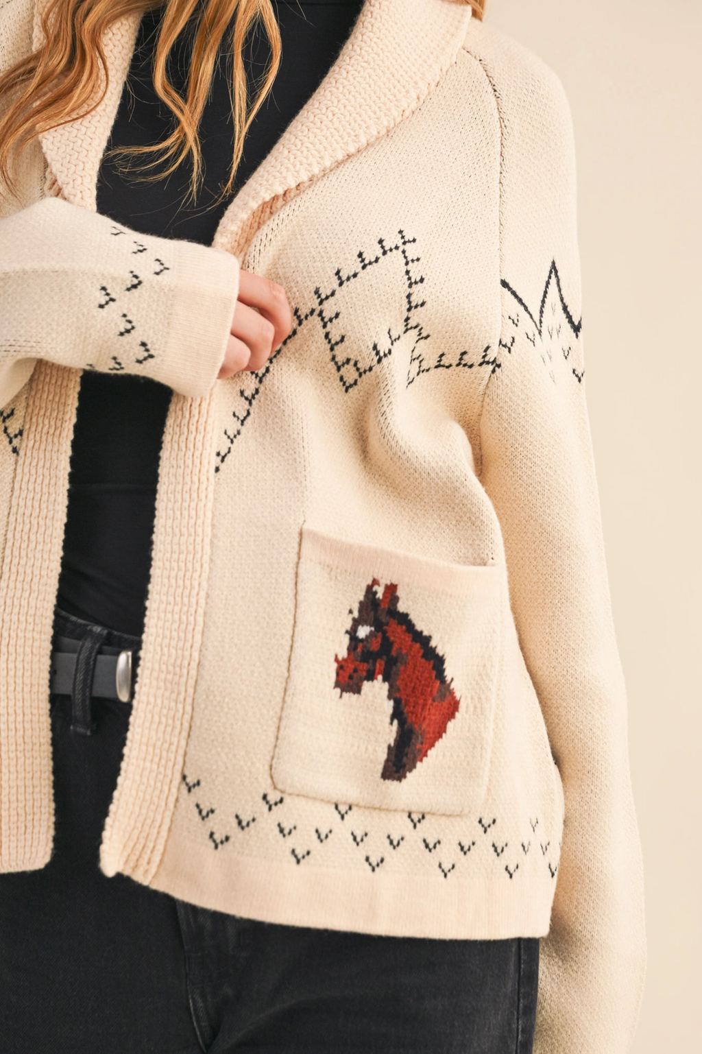Horse Knit Sweater Cardigan - Beige Taupe
