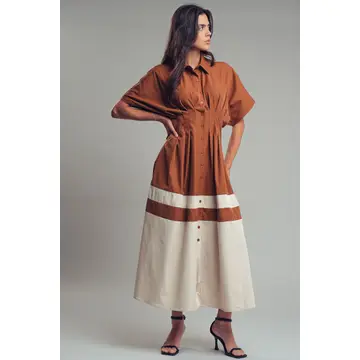 Colorblock Button-Up Cotton Midi Dress - BROWN