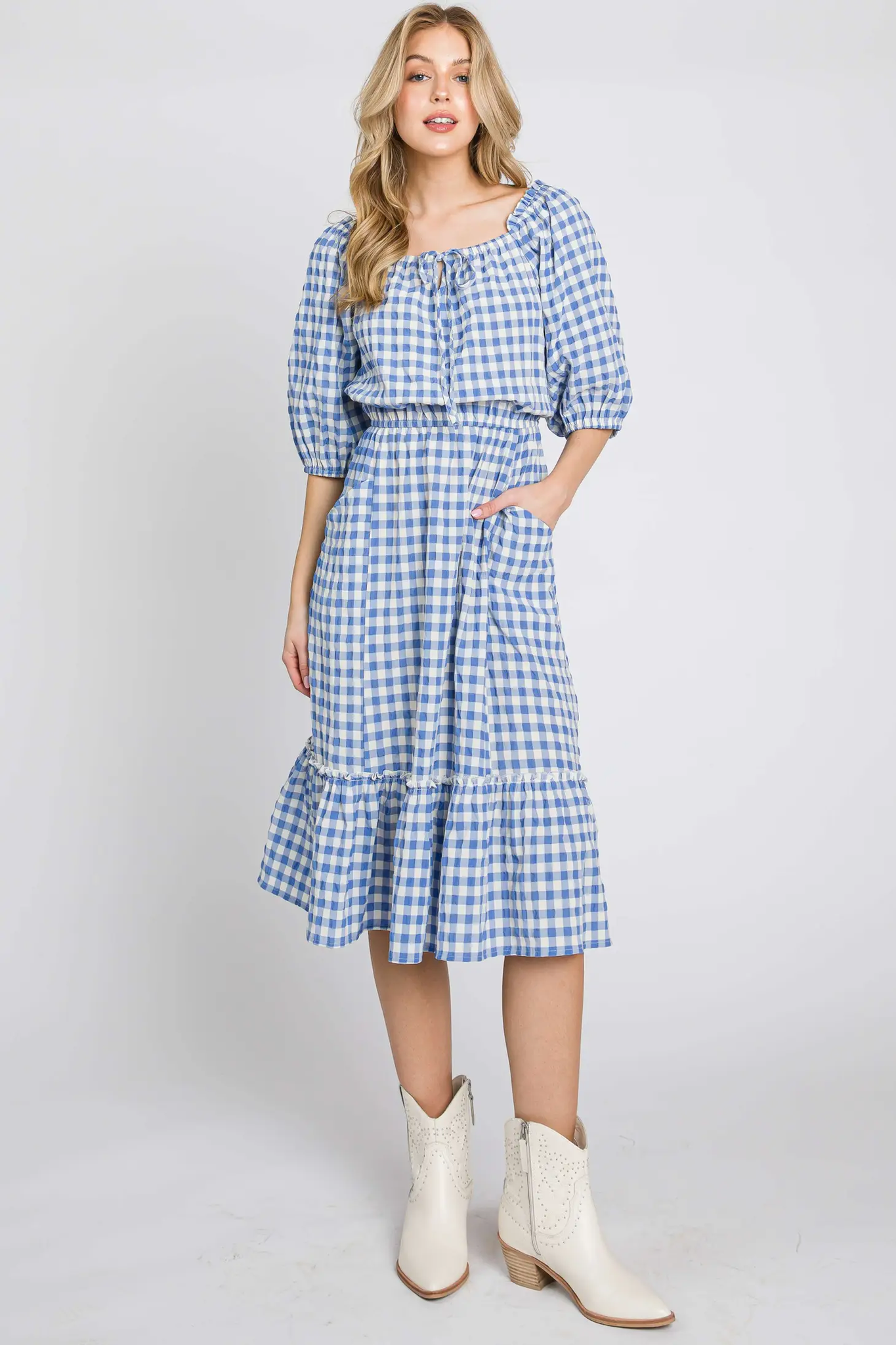 TEXTURED GINGHAM PUFF SLEEVE TIERED DRESS