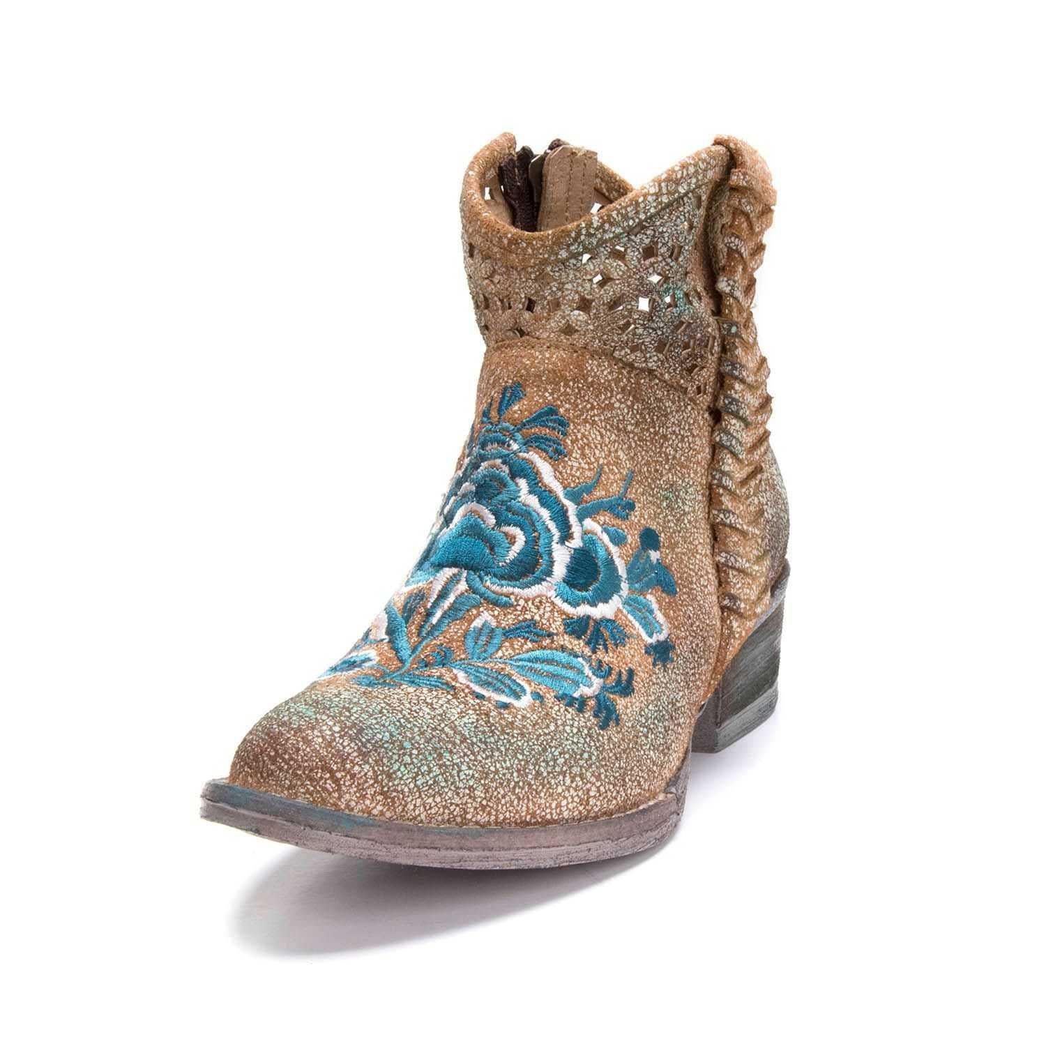 LD CAMEL / BLUE FLORAR EMBROIDERY & WOVEN ANKLE BOOT Q0127