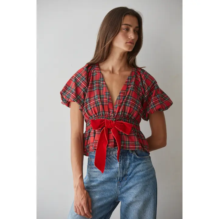 Woven Plaid Plunged V-Neck Sleeve Peplum Top