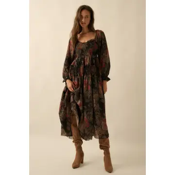 Floral-Print Smocked Bubble Sleeve Maxi Dress