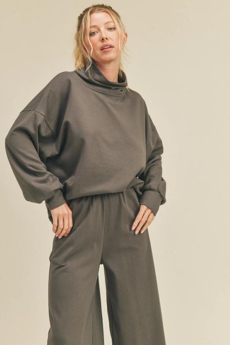Grey Draped Mock Neck Top & Wide Leg Pant Set