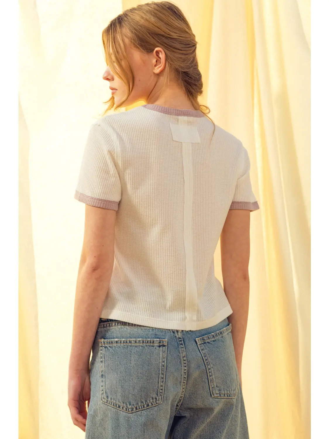 Color Combo Waffle Fabric Top - WHITE/LILAC