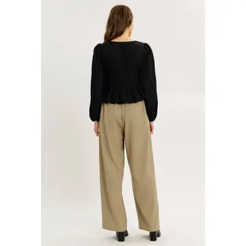 BLACK Textured Bubble Hem Blouse Top with Bow Front Top