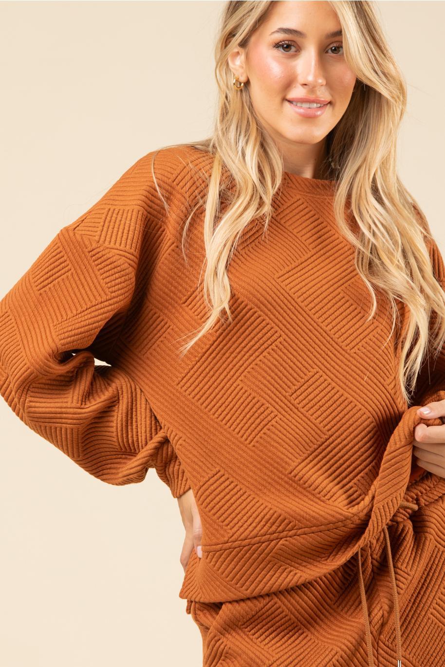 Quilted Double Knit Loungewear Top & Pants Set - Camel