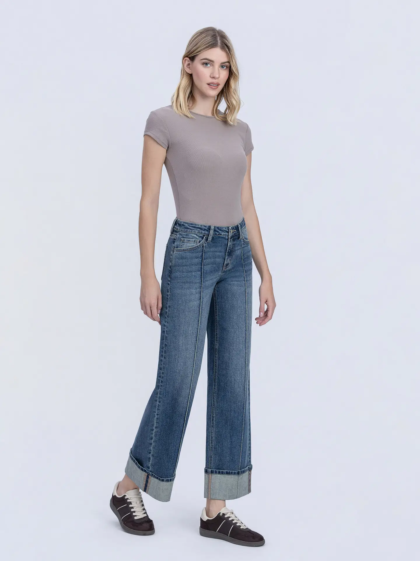 Mid Rise Pin Tuck Cuffed Baggy Wide Jeans F6323