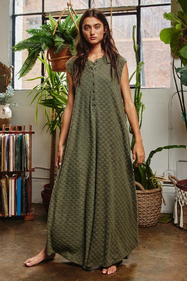 Wide Leg Chess Board Textured Brushed Knit Jumpsuit - Olive
