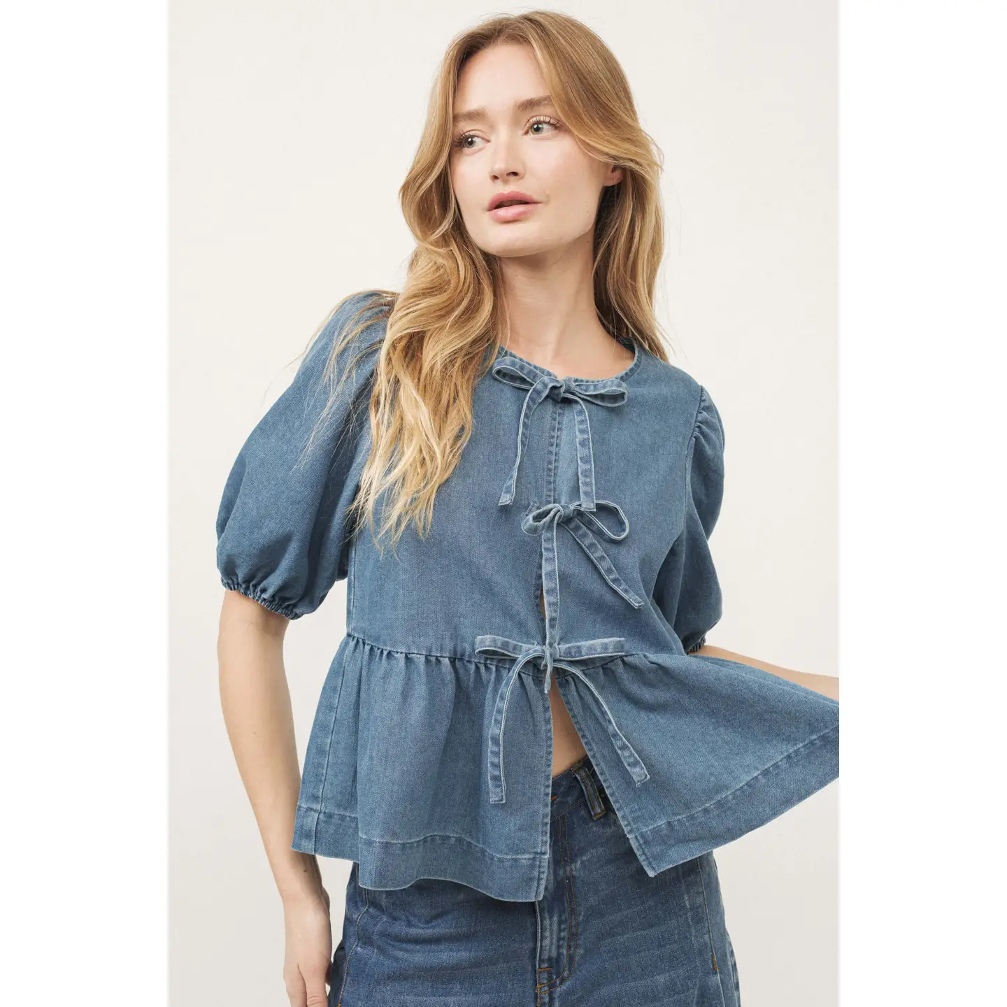 Denim Front Bow Tie Peplum Blouse