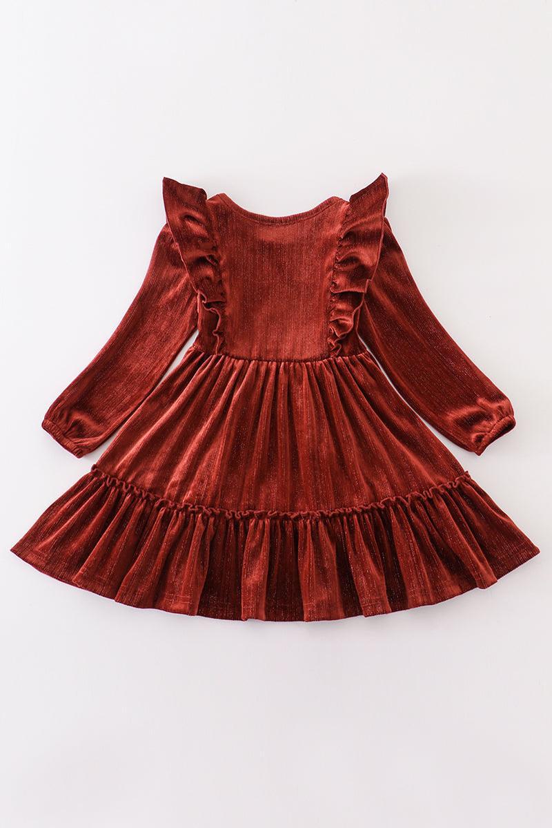 BURGUNDY VELVET RUFFLE GIRL DRESS