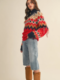 Mock Neck Fair Isle Fringe Sleeve Sweater