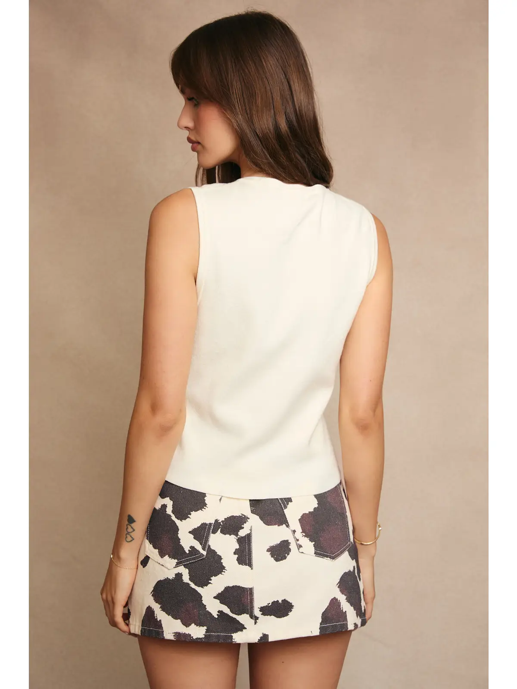 Button Front Sleeveless Sweater Top - WHITE
