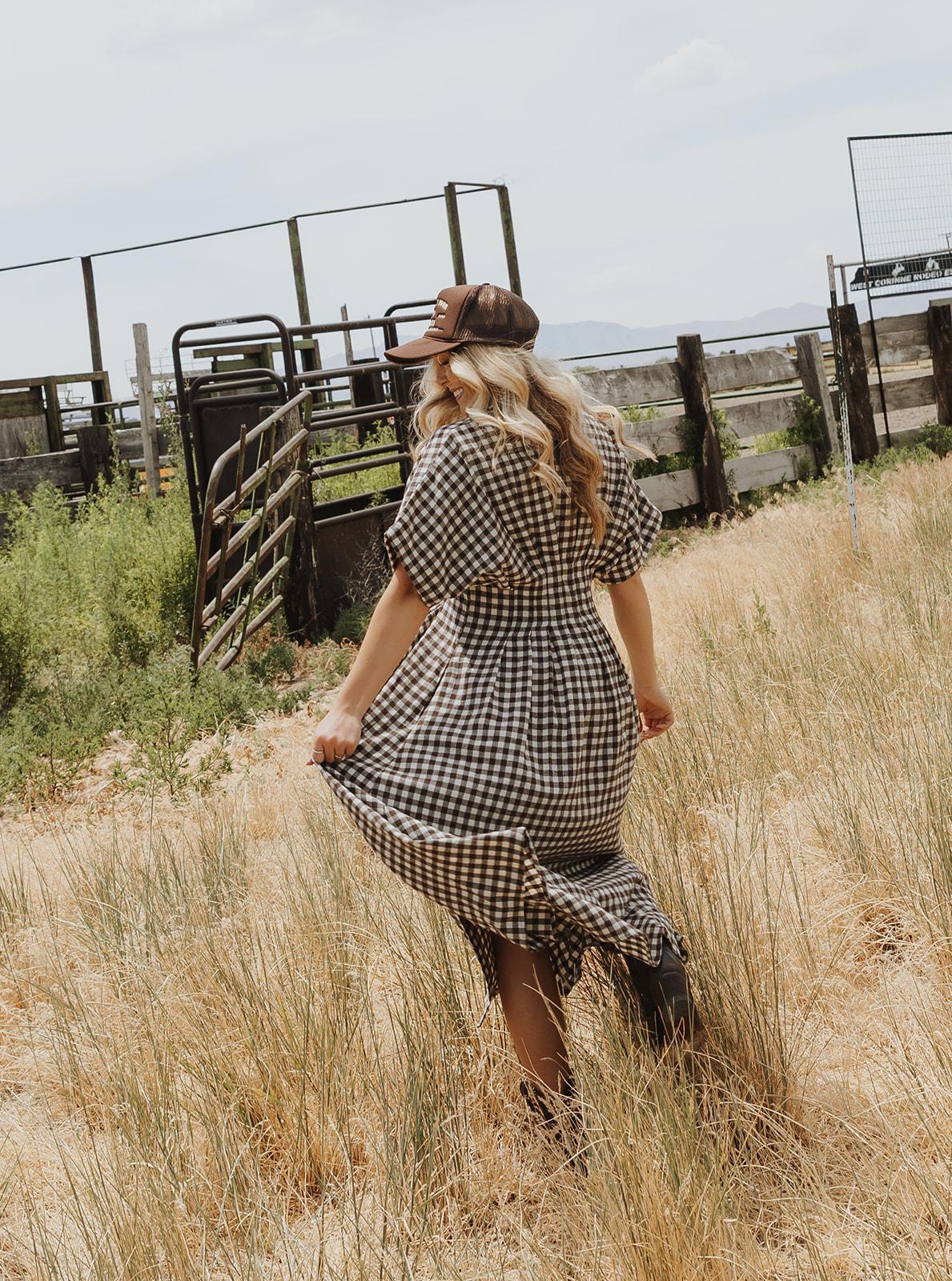 Gingham Pattern Button Down Shirt Dress - Brown/Cream