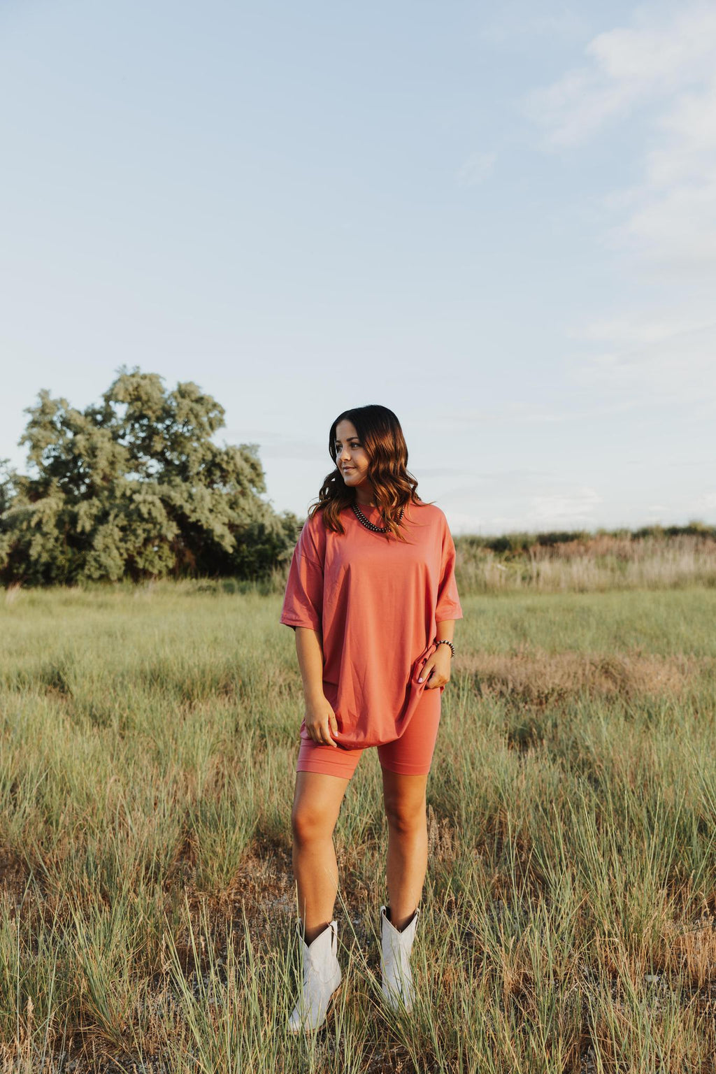 Knit Oversize Tee Shirt An Shorts Casual Biker Set - Rust