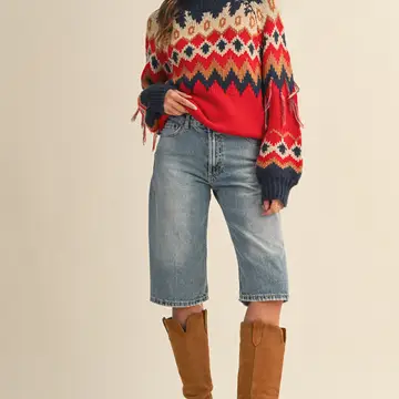Mock Neck Fair Isle Fringe Sleeve Sweater