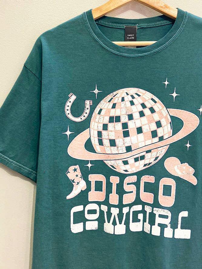 DISCO COWGIRL WASHED GRAPHIC T-SHIRT - FOREST (OVERSIZED)
