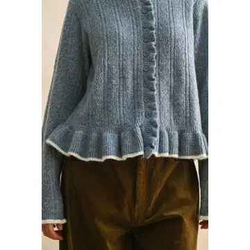 Button Front Ruffled Detail Sweater Cardigan - Denim Blue