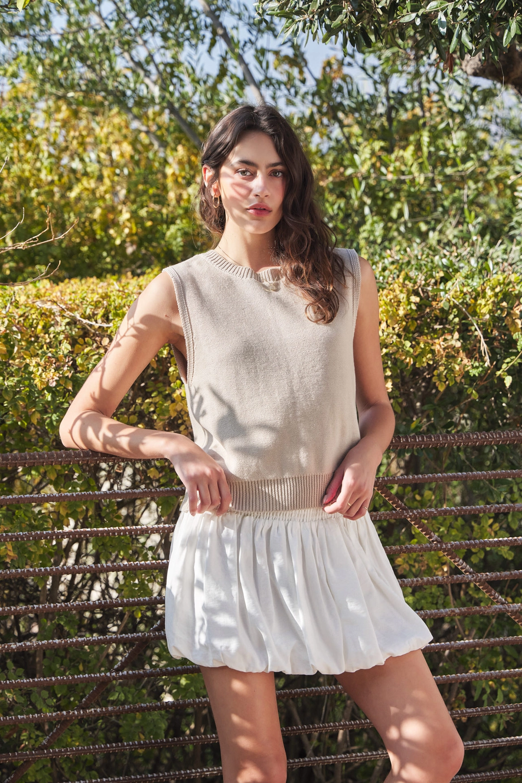 Sweater Vest Top with Back Contrast Bow Tie Details - Natural/Cream