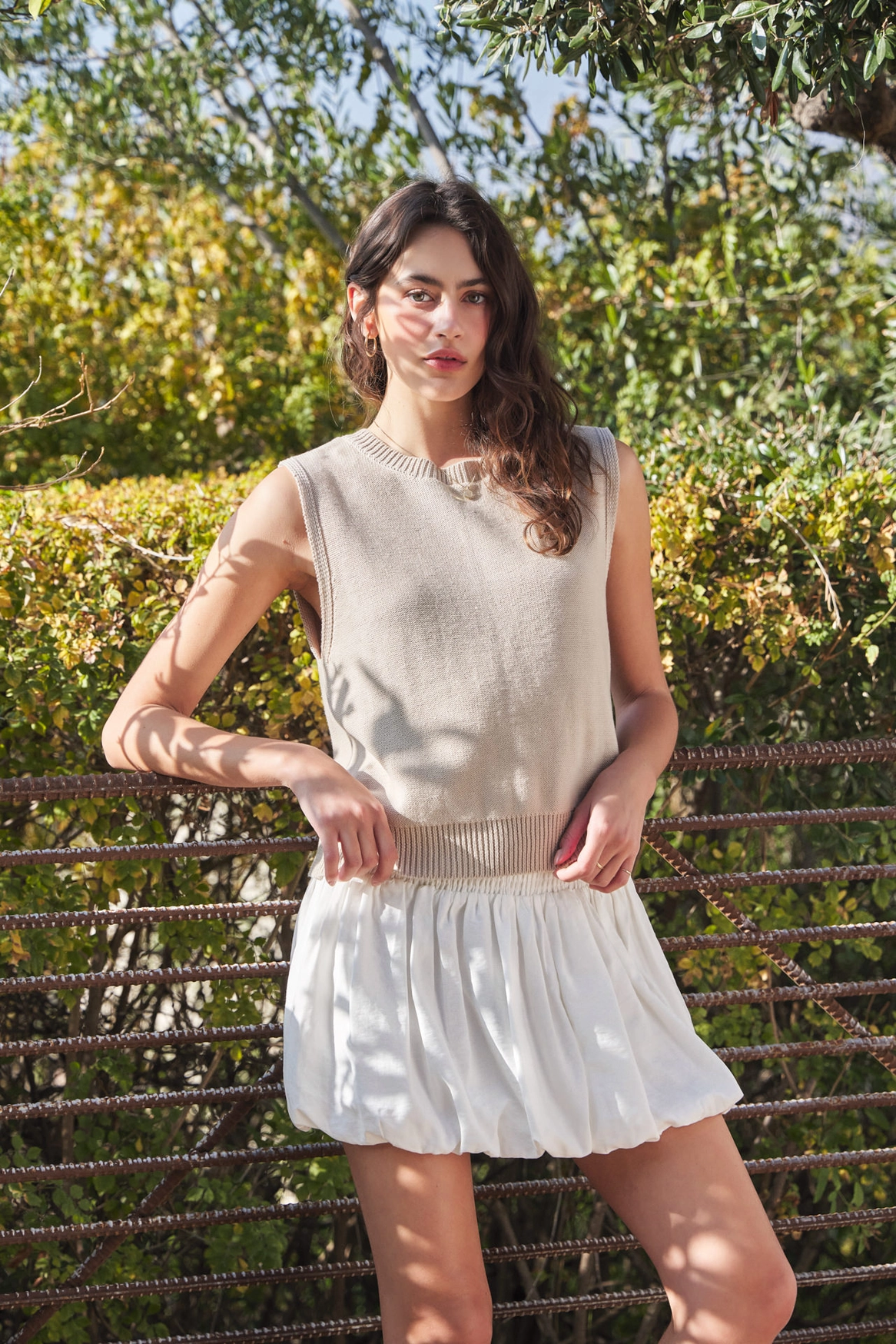 Sweater Vest Top with Back Contrast Bow Tie Details - Natural/Cream