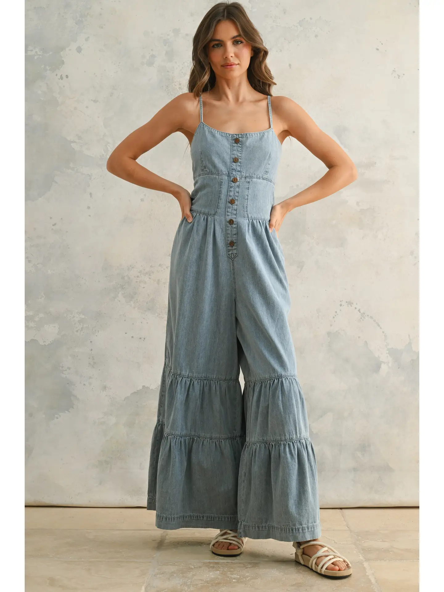 Tiered Bottom Detail Chambray Jumpsuit
