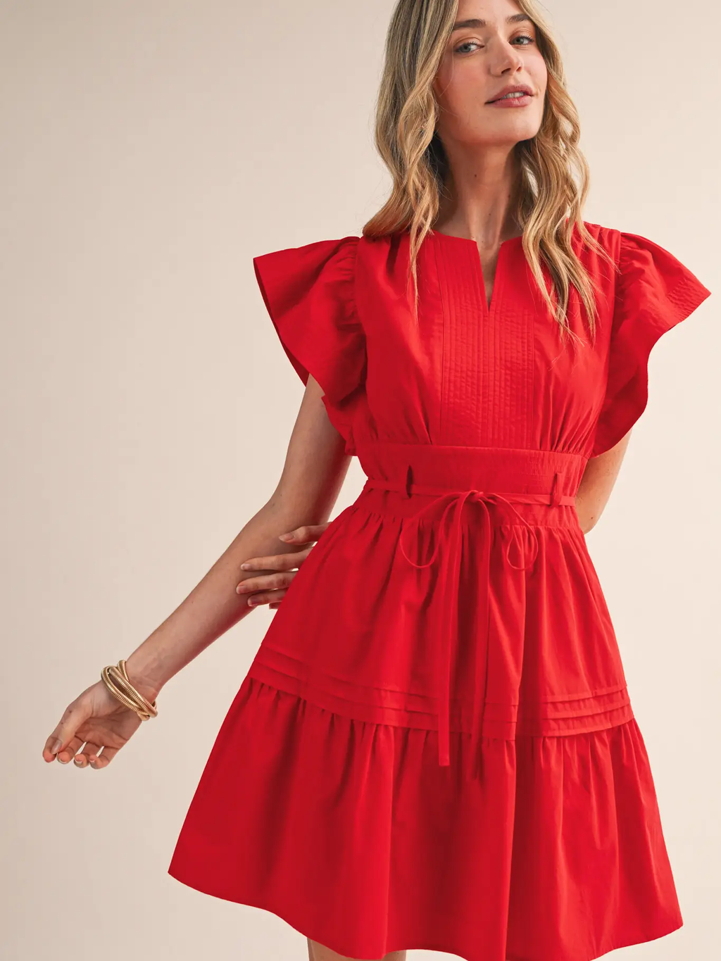 Embroidered Seam Pin Tuck Detail Mini Dress - RED