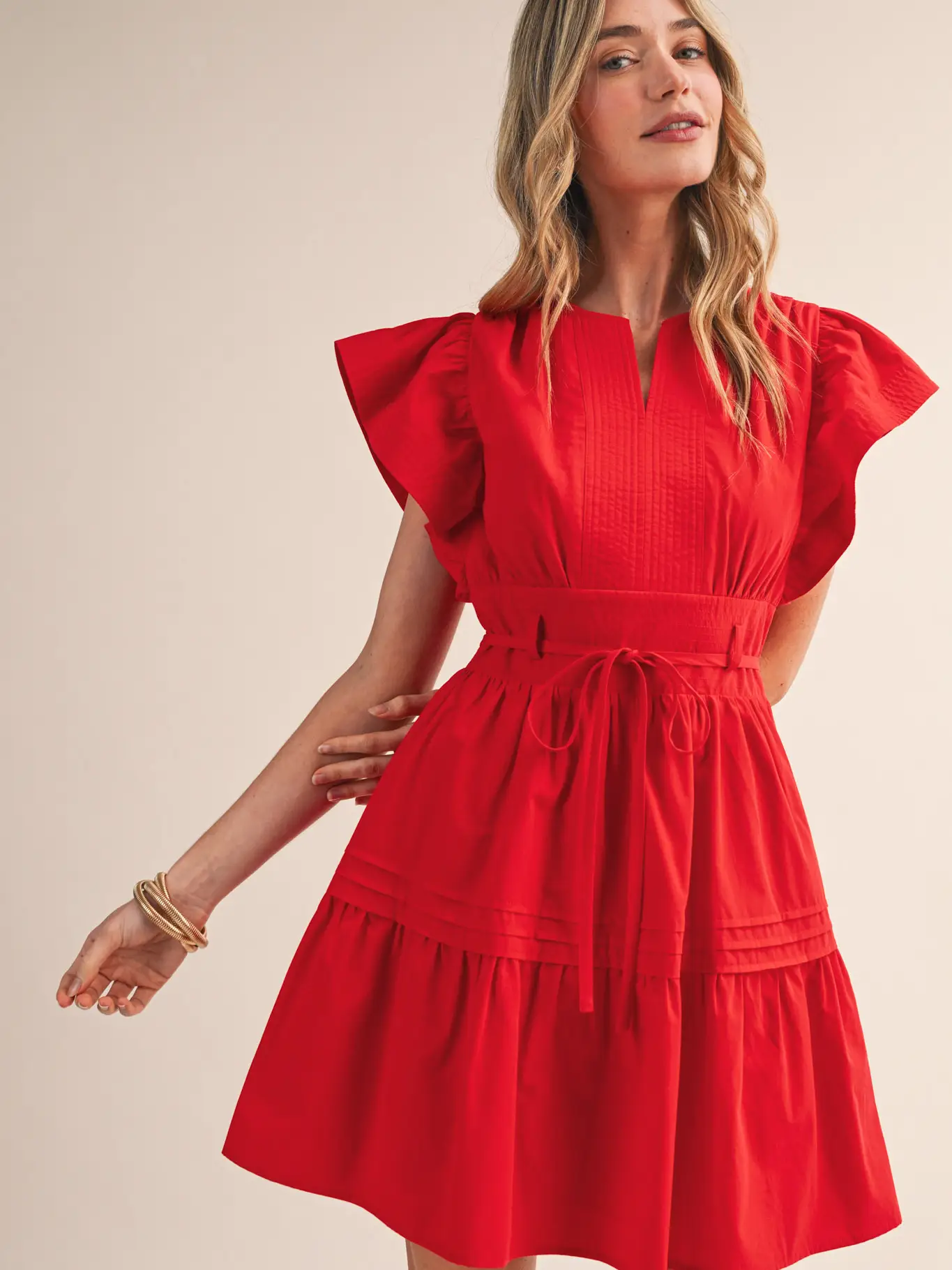 Embroidered Seam Pin Tuck Detail Mini Dress - RED
