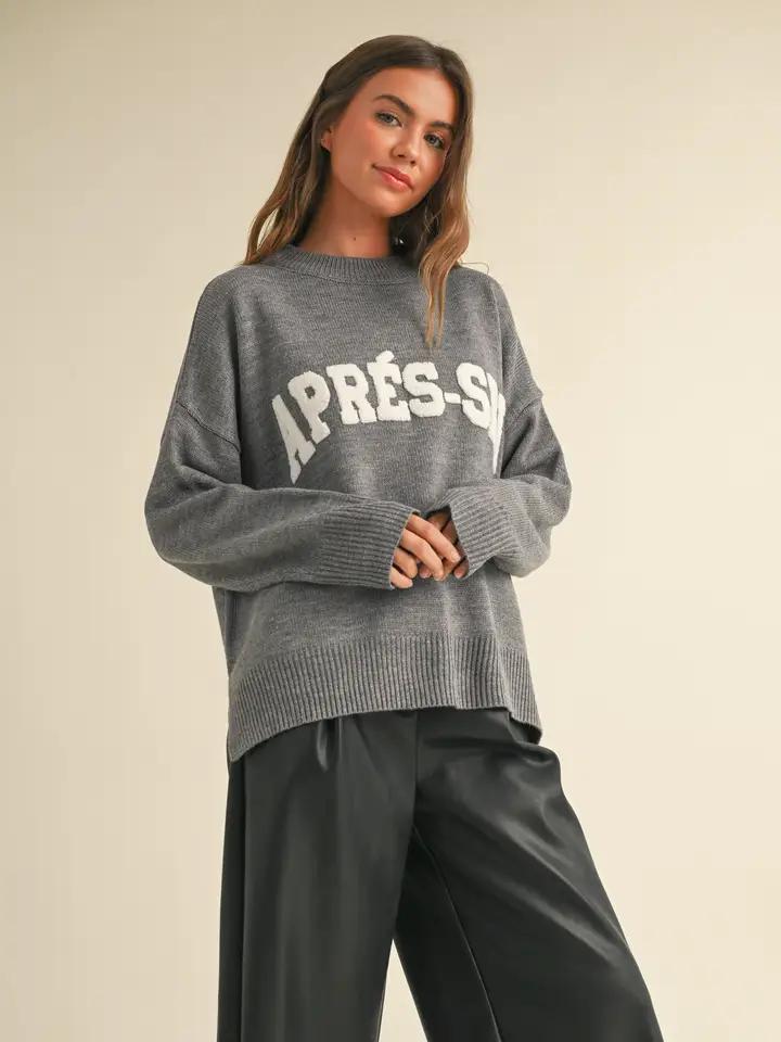 Apres Ski Letter Front Sweater Top - Grey