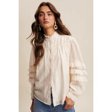 Lace Ruffle Sleeve Pintuck Blous - CREAM