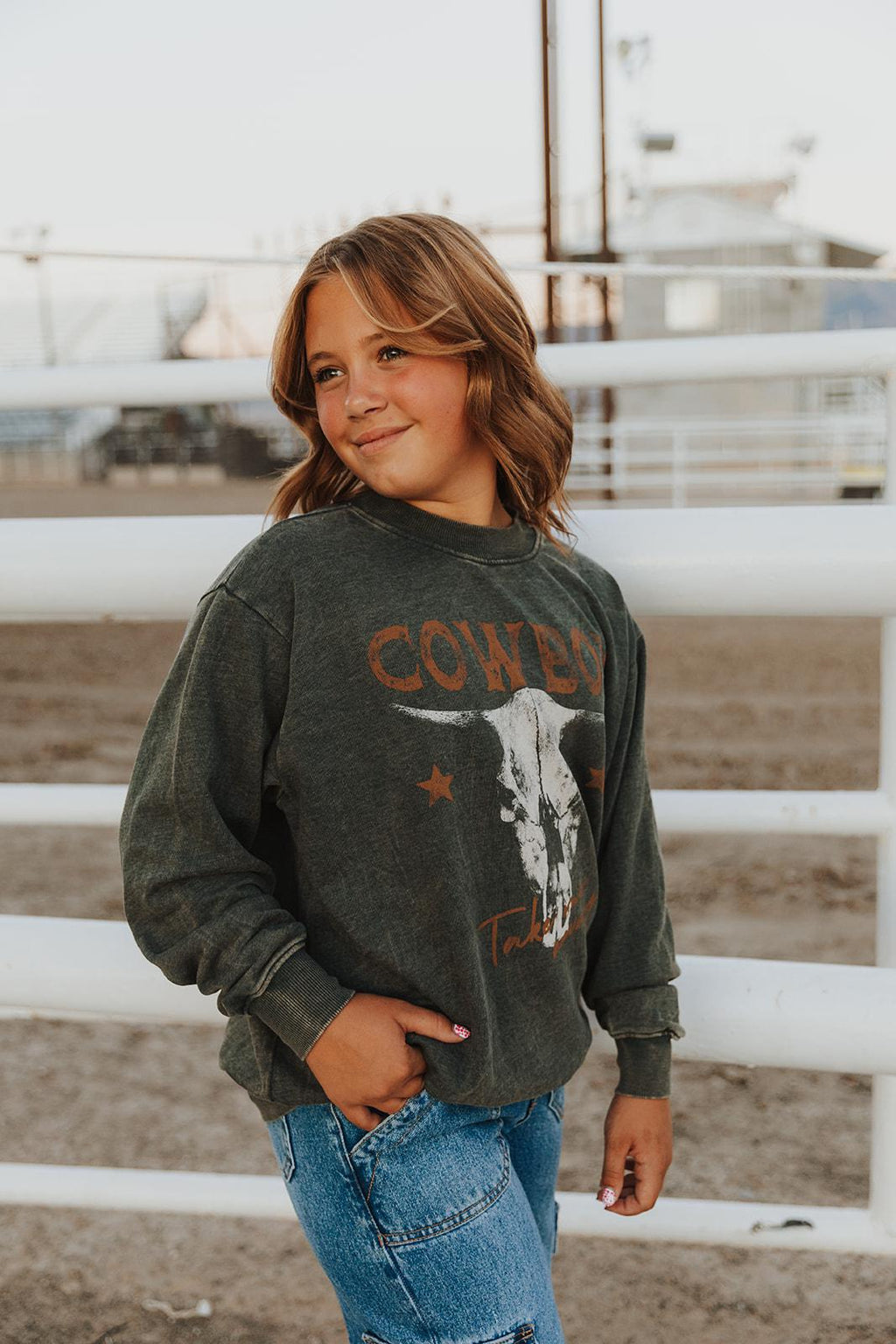 COWBOY TAKE ME AWAY LONG SLEEVE SWEATSHIRT - MINERAL OLIVE