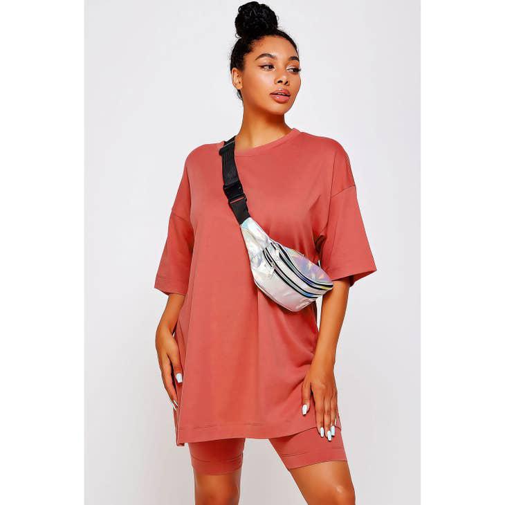 Knit Oversize Tee Shirt An Shorts Casual Biker Set - Rust