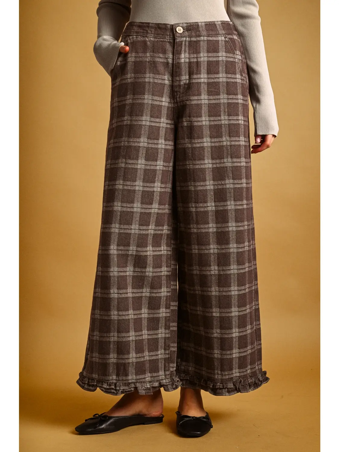 Ruffle Detail with Plaid Fabric Pants - CHOCOLATE