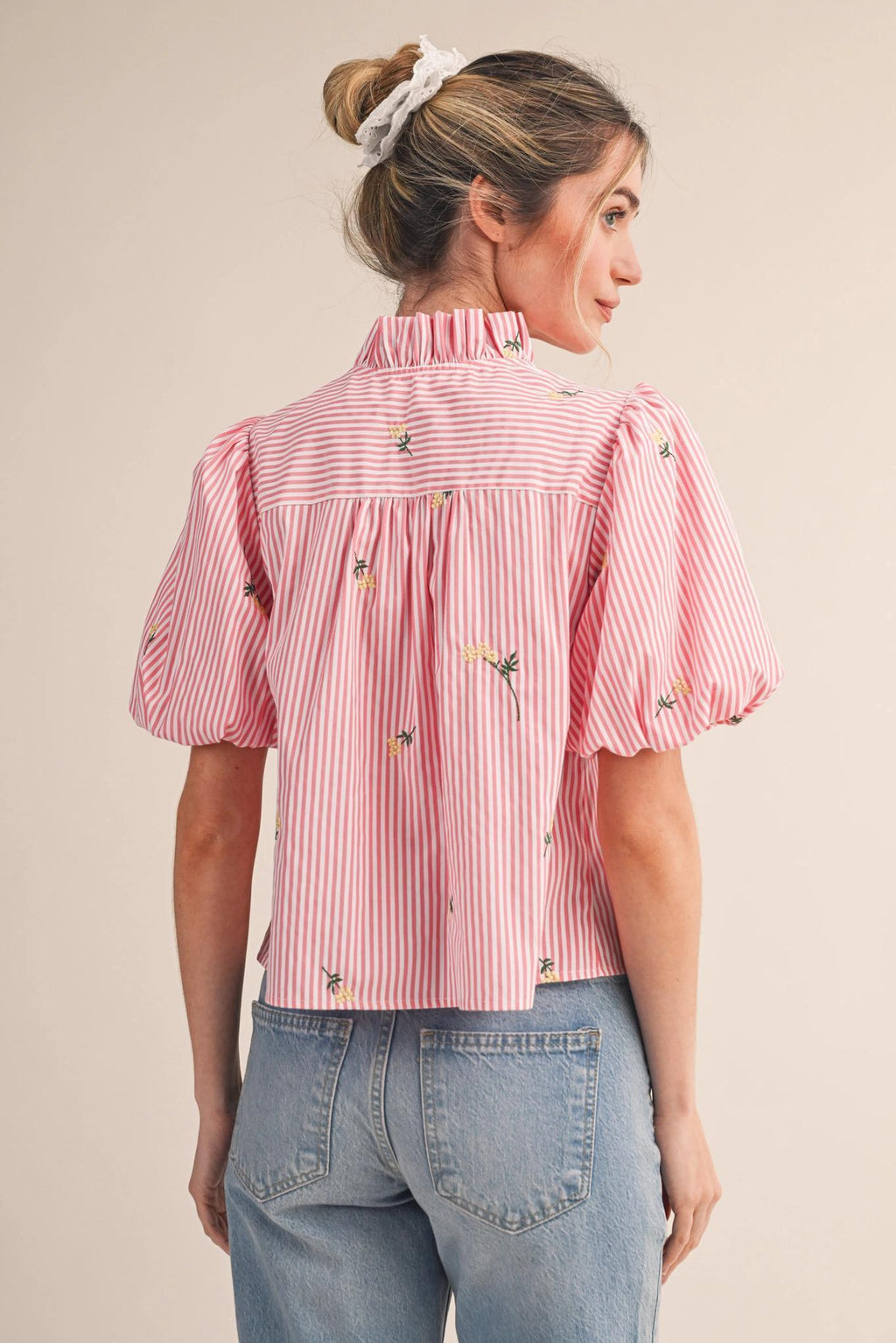 Floral Embroidery Striped Ruffled Button Down Top - Pink Berry Stripe