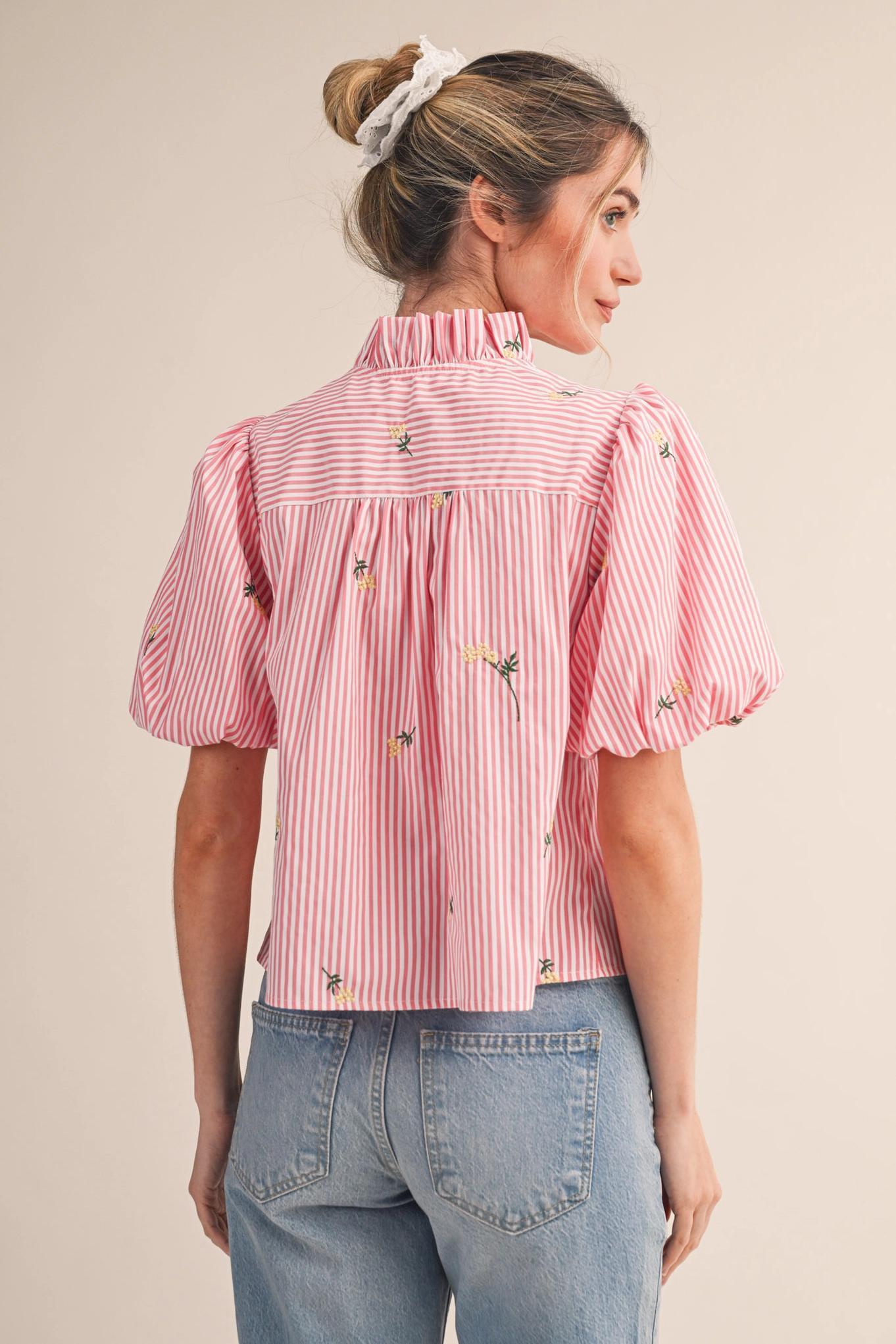 Floral Embroidery Striped Ruffled Button Down Top - Pink Berry Stripe