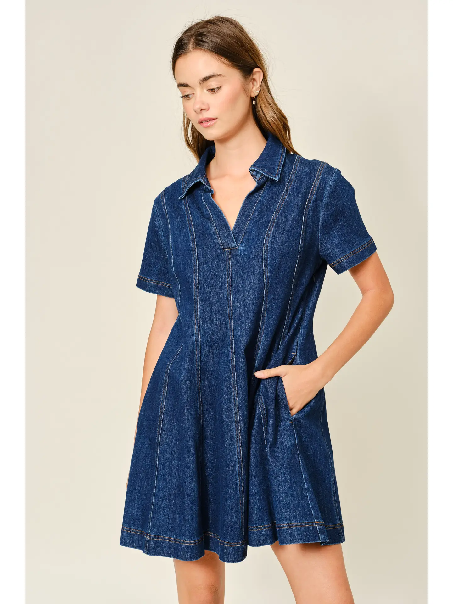 Dart Denim Short Sleeve A Line Dress