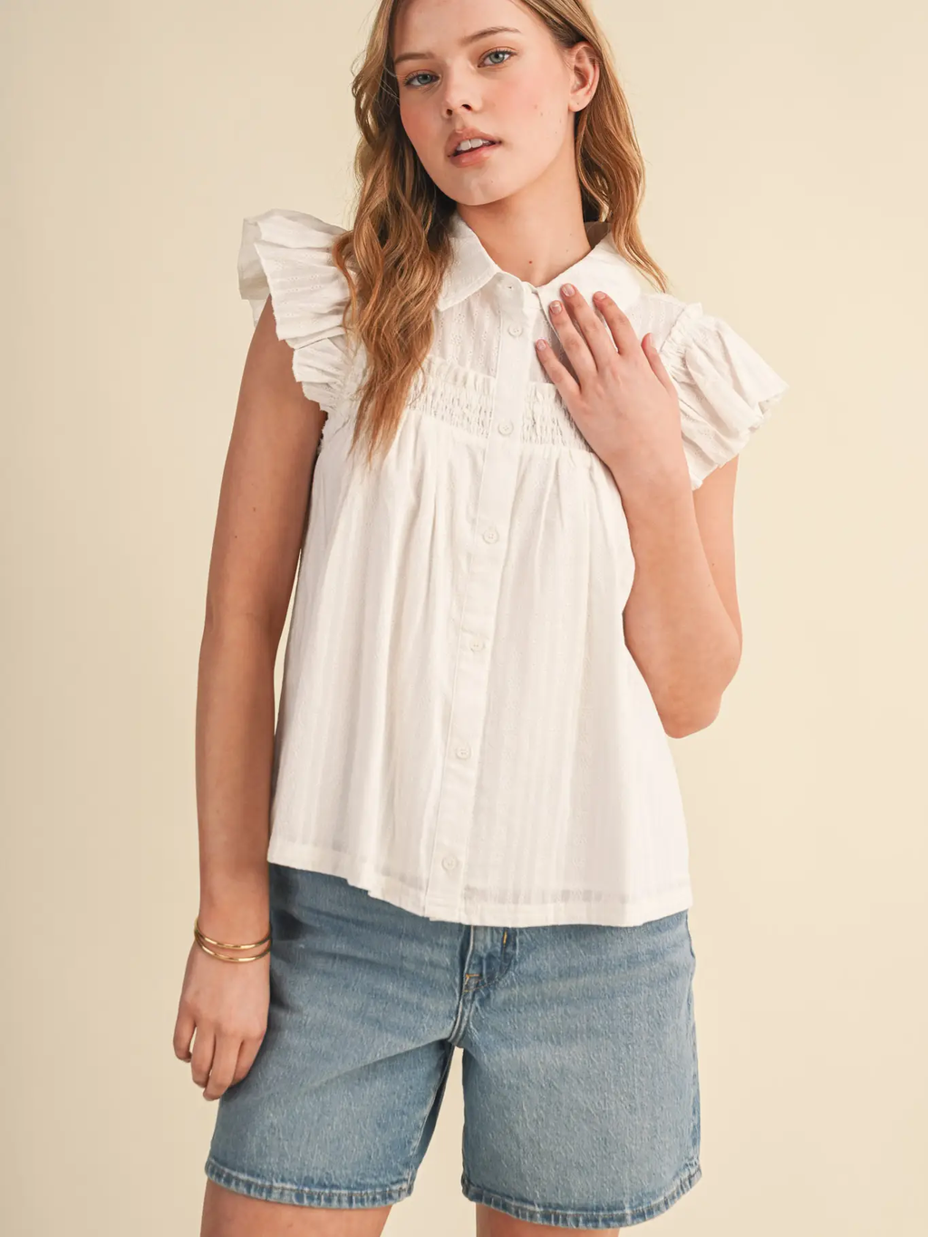 Ruffle Trim Button Down Top - WHITE