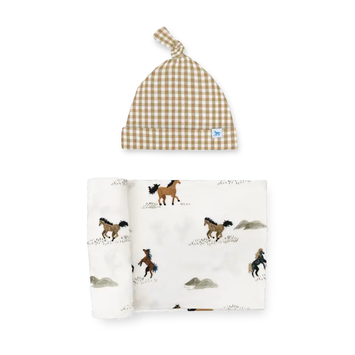 Stretch Knit Swaddle and Hat - Wild Horses Set