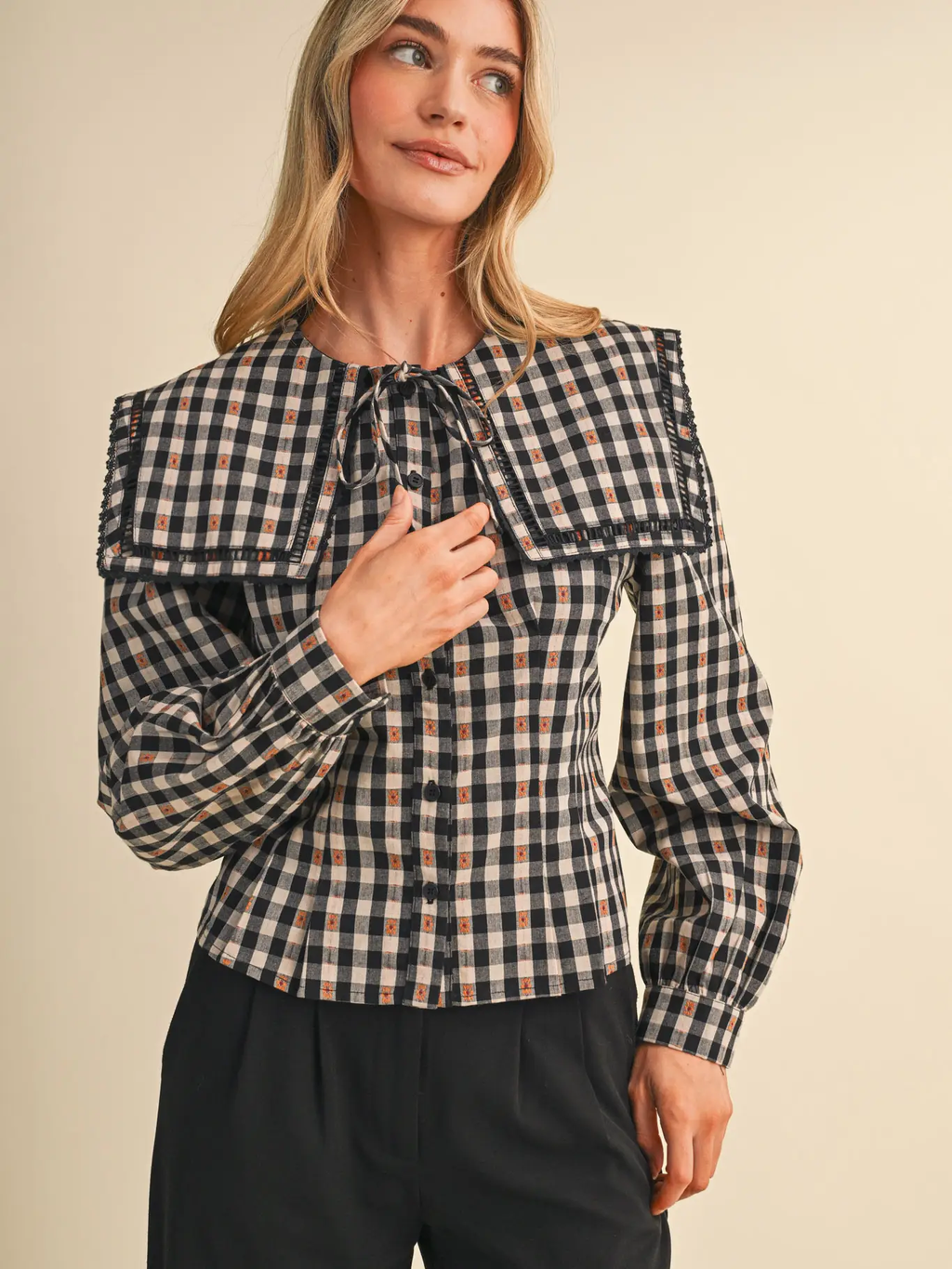 Gingham Pilgrim Collar Button Up Top