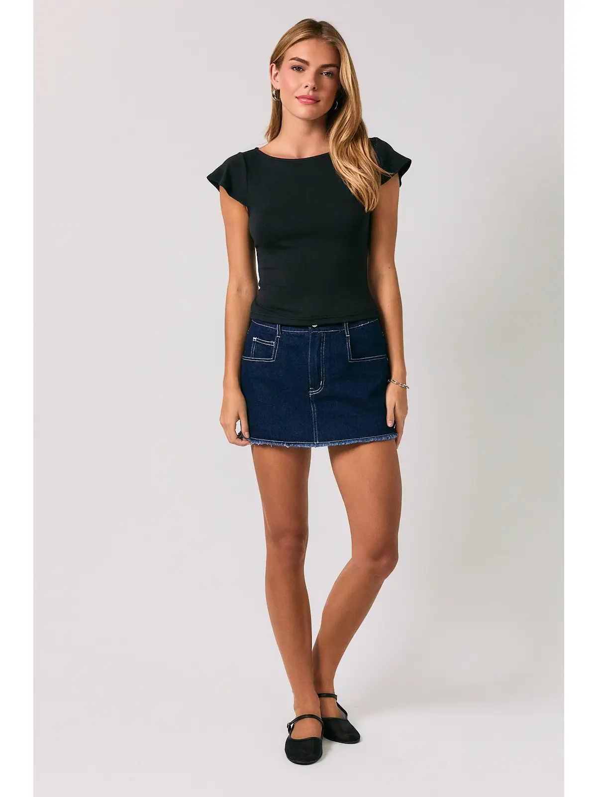 Boat Neck Flare Short Sleeve Top - BLACK