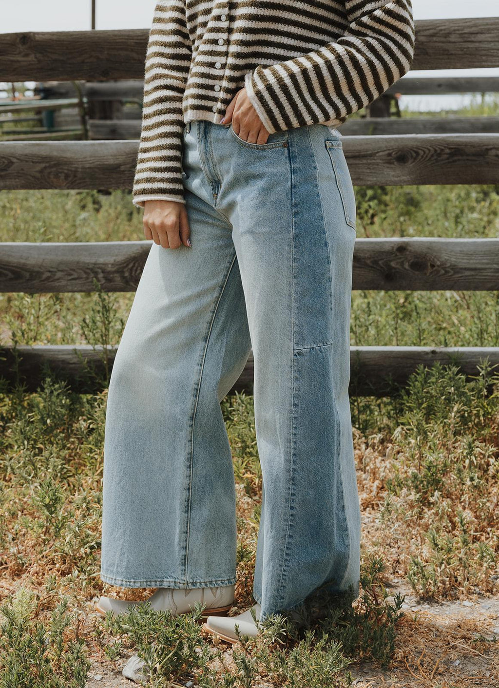Mixed Denim On the Side Detail Pants